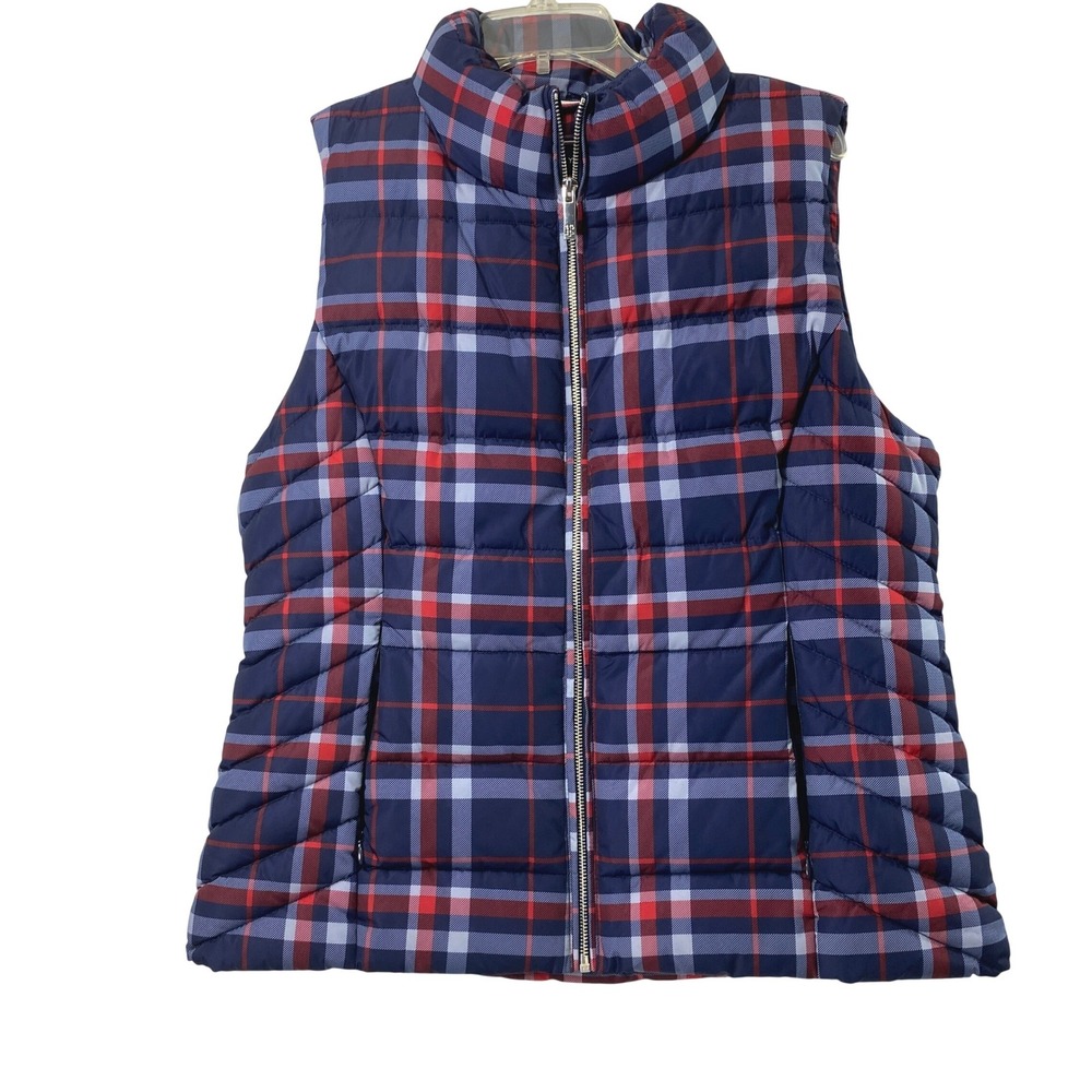 Tommy Hilfiger Puffer Vest Women Large Navy Red Plaid Quilted Full Zip Layering